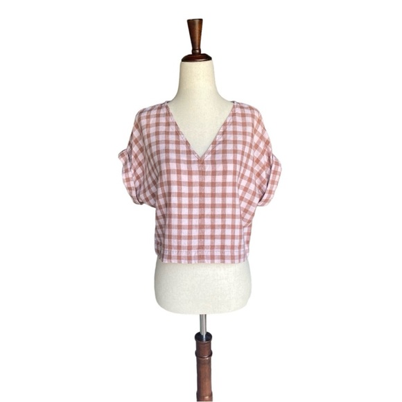 LOU & GREY 100% Linen Cropped Gingham Top Size XS - Picture 3 of 8